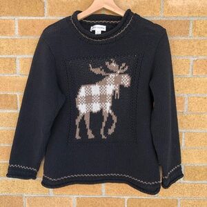 Moose knit Pullover Sweater Black & tan Cottage Cotton Woodland Womens small -S-